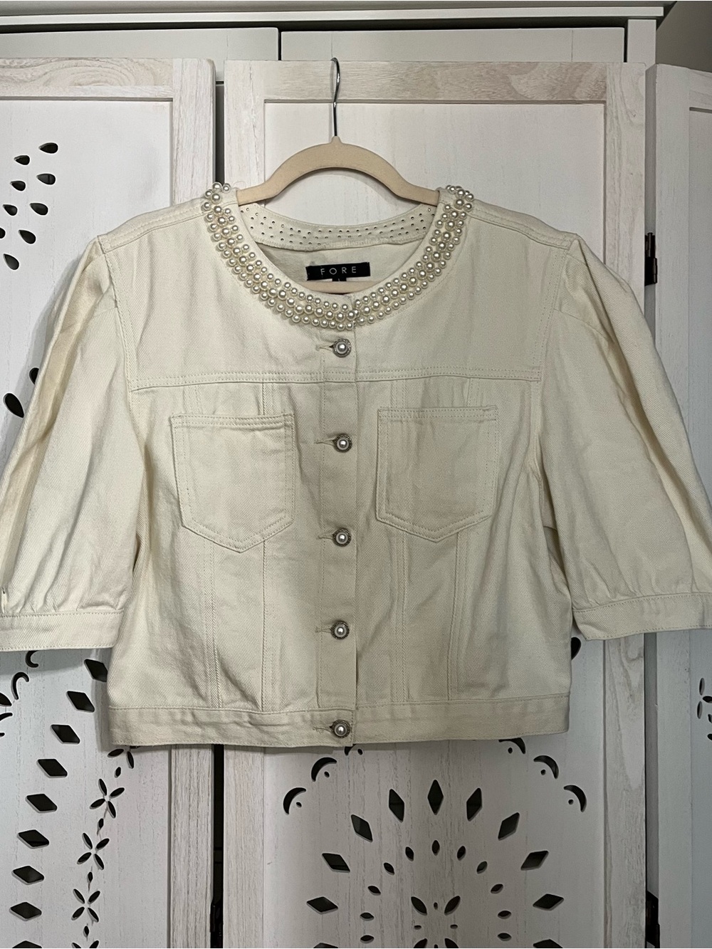 Pearl-Trimmed Cream Denim Cropped Jacket